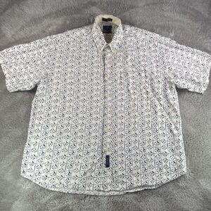 BD Baggies Linen Shirt Mens Large White Blue Geometric Button Down Short Sleeve
